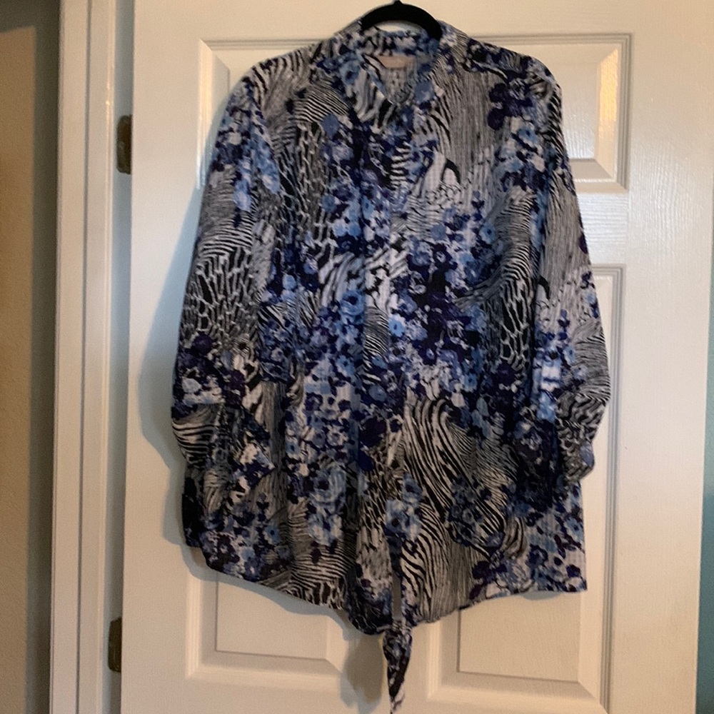 Button down shirt from Coral Bay. Print design in black, periwinkle and white.